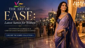 The Art of Ease banner featuring a woman in a navy blue and lavender georgette saree with elegant evening fashion typography for the latest sarees for women.