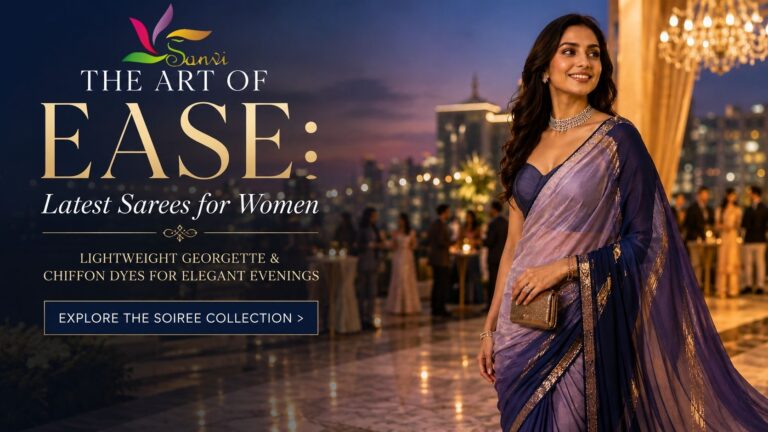The Art of Ease banner featuring a woman in a navy blue and lavender georgette saree with elegant evening fashion typography for the latest sarees for women.