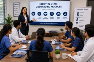 Hospital staff onboarding modules helping new healthcare employees learn training procedures