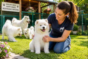 Happy Samoyed dog puppy with a responsible breeder in a clean outdoor kennel environment