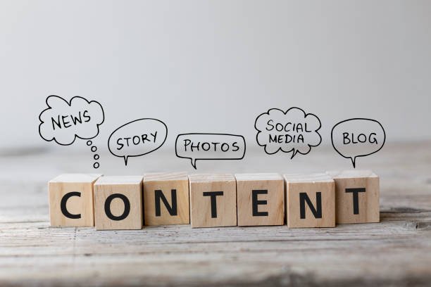 Wooden blocks spelling CONTENT with speech bubbles illustrating key content marketing strategies like news, stories, photos, social media, and blogs.