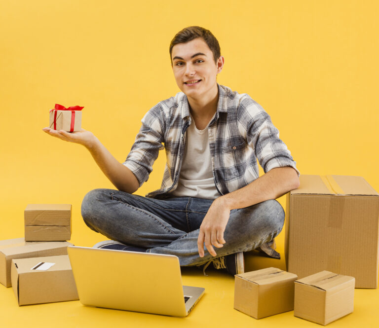 smiley-delivery-man-with-packages-beside