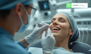 Dentist examining a patient's teeth during a consultation for affordable dental treatment abroad in a modern European dental clinic.