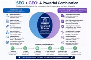 Infographic showing how traditional SEO and GEO complement each other through keywords, quality content, technical SEO, authority, structured information, AI-friendly content, and AI search visibility.