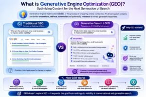 Infographic explaining Generative Engine Optimization (GEO), comparing traditional SEO rankings with AI-generated search answers and showing how clear, structured, authoritative content improves AI visibility