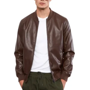 Men's Brown Leather Bomber Jacket with rib-knit collar, front zip closure, and classic casual style.