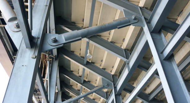 Grandstand steel structure hinges and fixed pin connection joint detail.