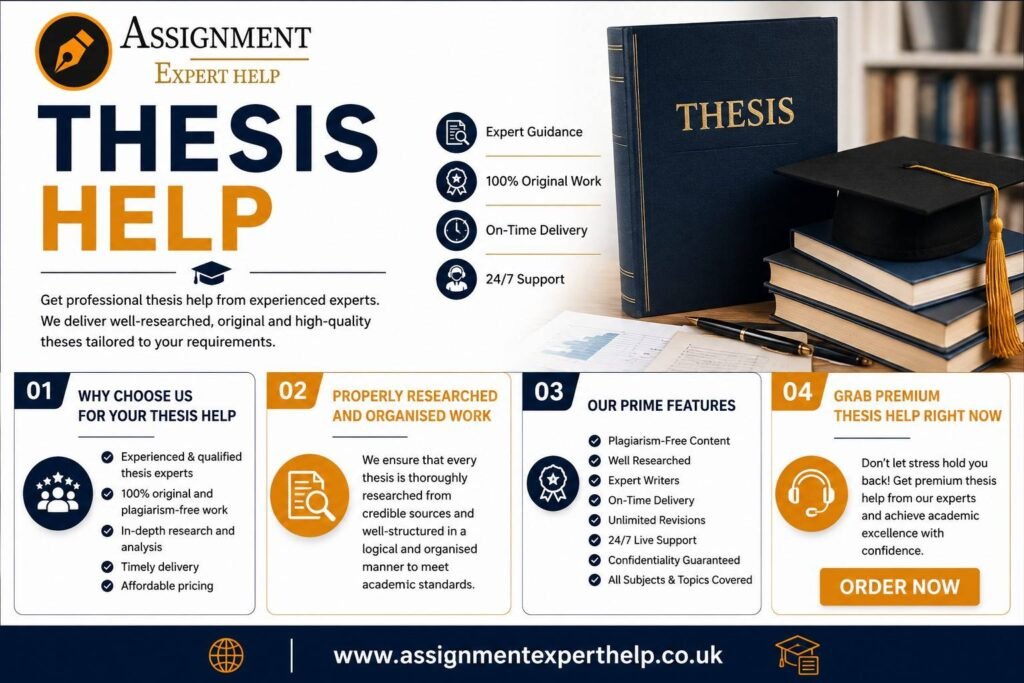 Infographic header titled "Thesis Help" featuring a stack of academic books and key points for nursing thesis support.