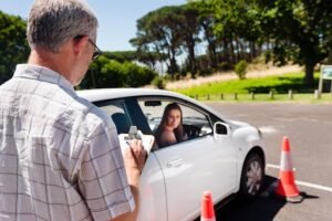 Learner driver girl with intstructor taking lessons