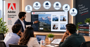 Adobe Experience Manager consulting showing enterprise implementation, migration, integration, customization, training, and optimization services.