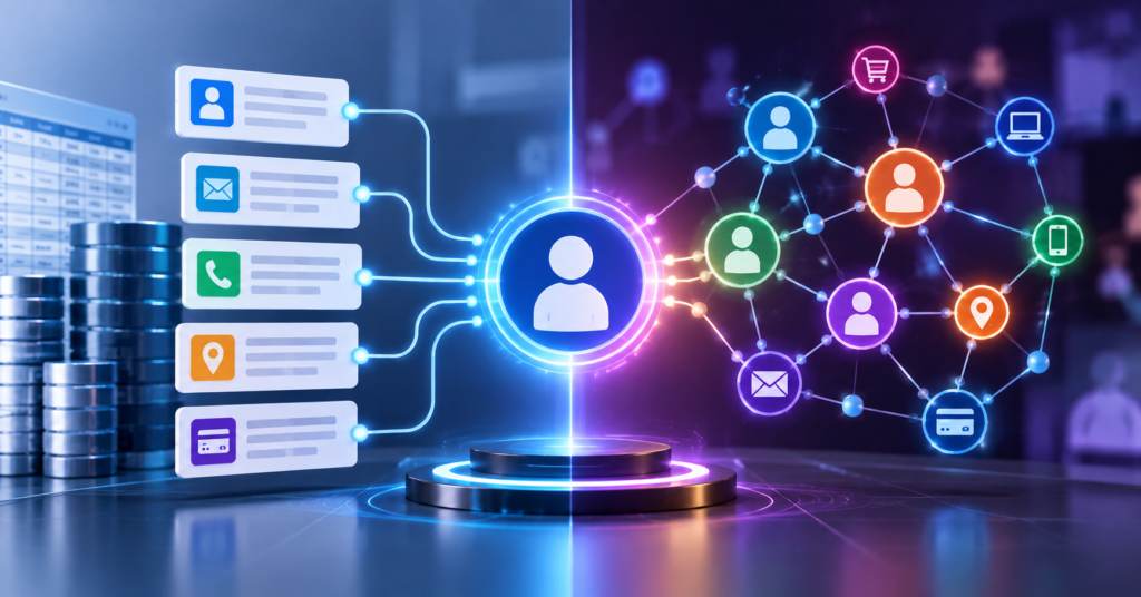 Futuristic illustration showing customer data records and digital identity nodes being connected into a unified customer profile for identity stitching in Customer Journey Analytics.