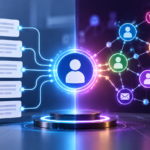 Futuristic illustration showing customer data records and digital identity nodes being connected into a unified customer profile for identity stitching in Customer Journey Analytics.