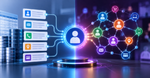 Futuristic illustration showing customer data records and digital identity nodes being connected into a unified customer profile for identity stitching in Customer Journey Analytics.
