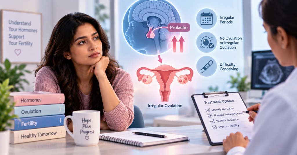 Medical illustration showing high prolactin levels affecting ovulation, irregular periods, and fertility.