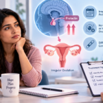 Medical illustration showing high prolactin levels affecting ovulation, irregular periods, and fertility.