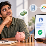 Person exploring personal loan eligibility on a low monthly salary using a smartphone, with financial documents, savings, coins, and loan approval indicators.