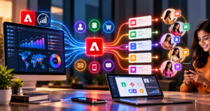 Adobe Analytics and Adobe Journey Optimizer connected through customer data, analytics dashboards, real-time journey automation, and personalized email, mobile, web, and shopping experiences.