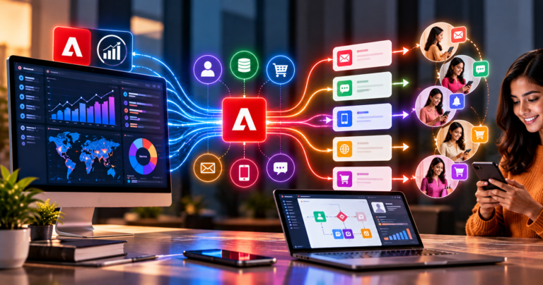 Adobe Analytics and Adobe Journey Optimizer connected through customer data, analytics dashboards, real-time journey automation, and personalized email, mobile, web, and shopping experiences.