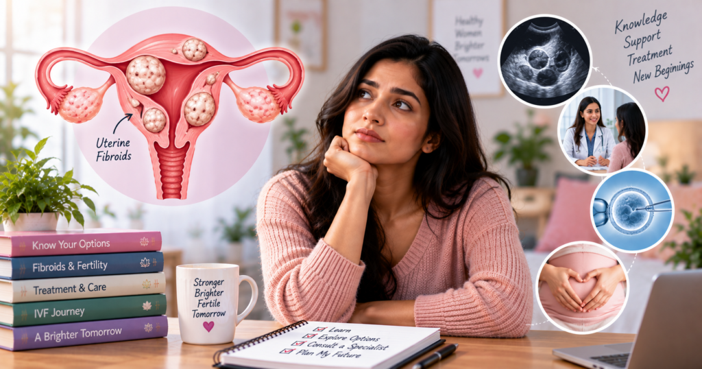Medical illustration showing uterine fibroids and their potential impact on fertility and pregnancy, with IVF and treatment-related imagery.