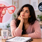Medical illustration showing uterine fibroids and their potential impact on fertility and pregnancy, with IVF and treatment-related imagery.
