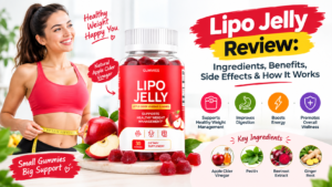 Lipo Jelly supplement gummies with apples and natural ingredients, featuring a woman measuring her waist and highlighting weight management, digestion, energy, and overall wellness.
