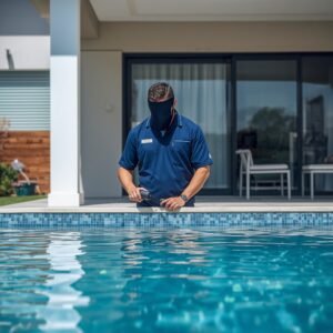 lucid-origin_A_professional_pool_technician_in_uniform_faceless_or_from_behind_testing_water_-0