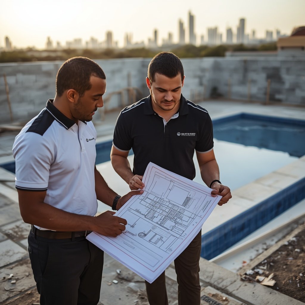 lucid-origin_Two_professionals_in_branded_polo_shirts_reviewing_pool_blueprints_on_a_tablet_b-0