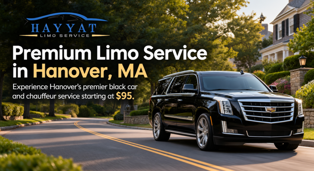 Premium Limo Service in Hanover, MA featuring a luxury black SUV on a scenic road, with HAYYAT Limo Service branding and chauffeur service starting at $95.
