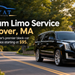 Premium Limo Service in Hanover, MA featuring a luxury black SUV on a scenic road, with HAYYAT Limo Service branding and chauffeur service starting at $95.