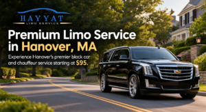 Premium Limo Service in Hanover, MA featuring a luxury black SUV on a scenic road, with HAYYAT Limo Service branding and chauffeur service starting at $95.