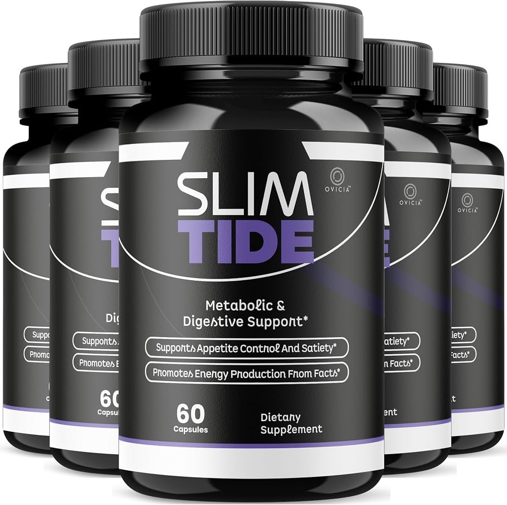 Slim Tide dietary supplement bottle labeled for metabolic and digestive support with 60 capsules.