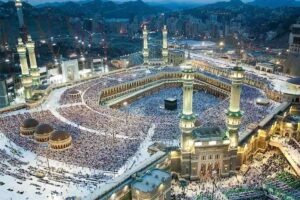 Aerial view of the Holy Kaaba surrounded by pilgrims inside Masjid al-Haram in Makkah, Saudi Arabia.
