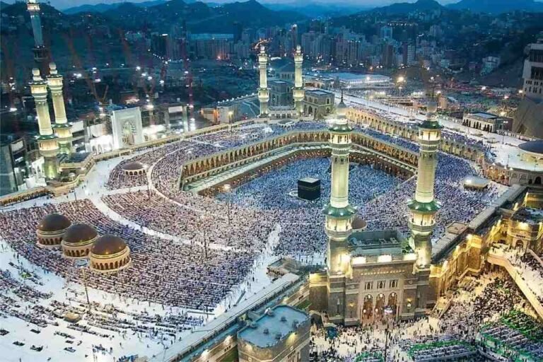 Aerial view of the Holy Kaaba surrounded by pilgrims inside Masjid al-Haram in Makkah, Saudi Arabia.