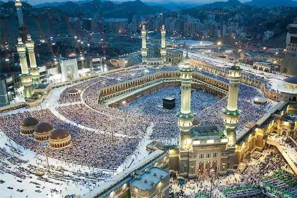 Aerial view of the Holy Kaaba surrounded by pilgrims inside Masjid al-Haram in Makkah, Saudi Arabia.