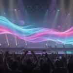 A wave-shaped flexible LED screen backdrop illuminating a concert stage