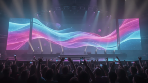A wave-shaped flexible LED screen backdrop illuminating a concert stage