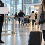 Professional airport transfer driver holding a name board and waiting to meet a passenger with luggage in the airport arrivals hall.