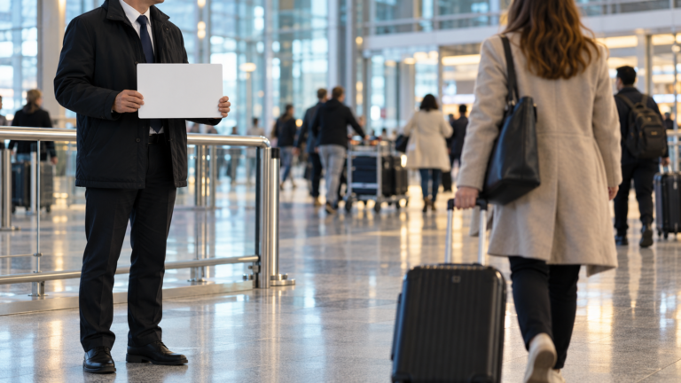 Professional airport transfer driver holding a name board and waiting to meet a passenger with luggage in the airport arrivals hall.