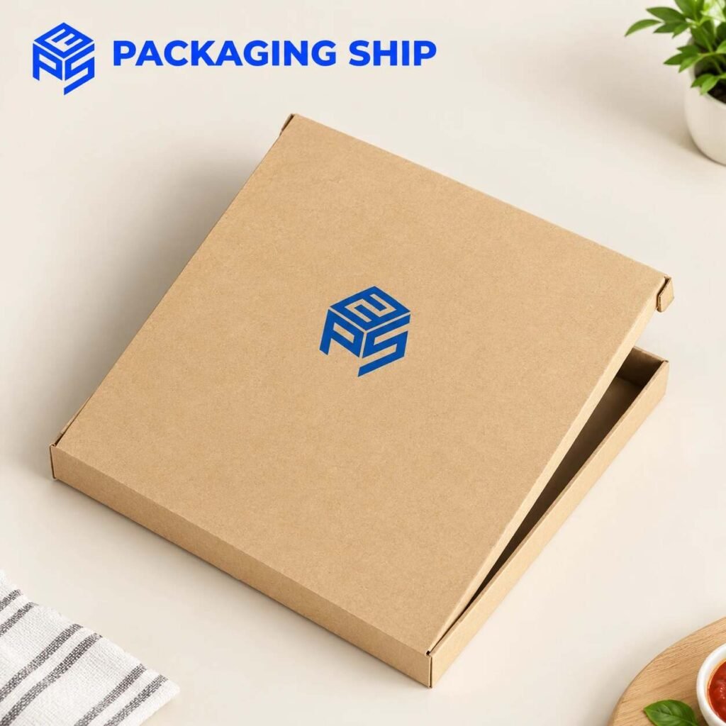 Custom kraft cardboard packaging box featuring the blue Packaging Ship logo on a clean beige background.