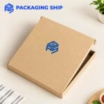 Custom kraft cardboard packaging box featuring the blue Packaging Ship logo on a clean beige background.