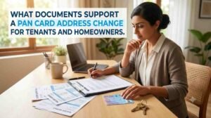 Tenant and homeowner documents laid out for a PAN card address change