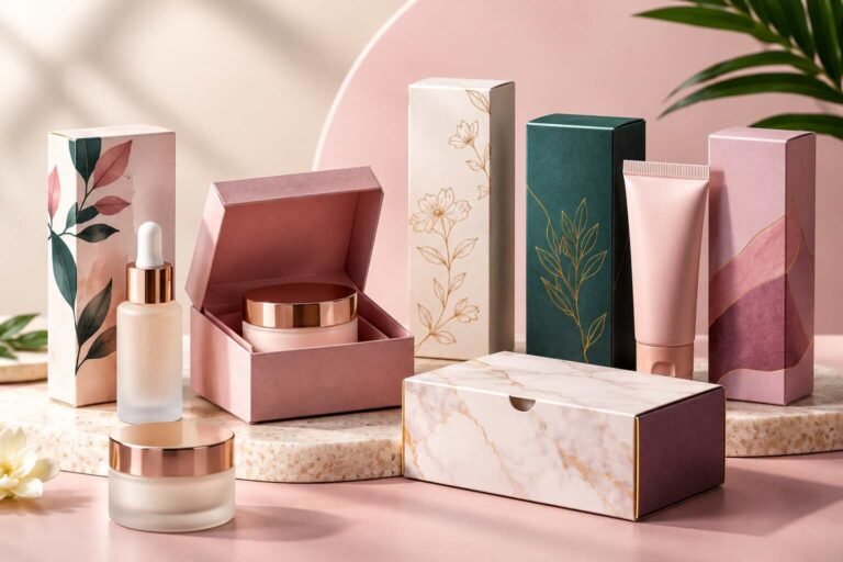 Custom cosmetic packaging boxes in pink, cream, and green with skincare jars, serum bottles, and botanical designs.