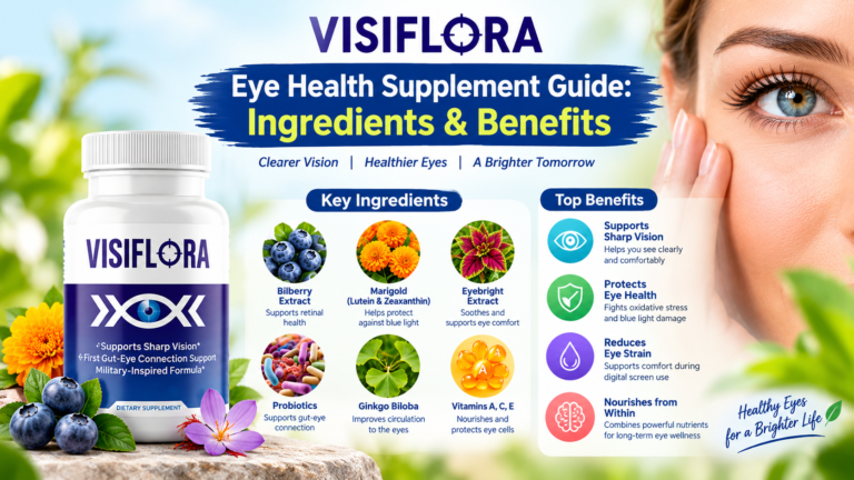 VisiFlora eye health supplement guide featuring key ingredients, eye health benefits, and a supplement bottle for vision support.