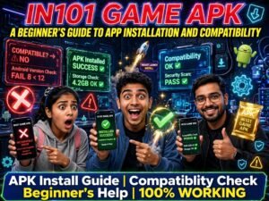 Three Indian beginners showing IN101 APK install error vs success with compatibility check screens