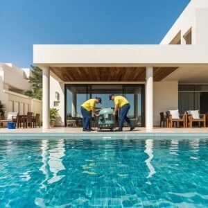 lucid-origin_Wide_shot_of_a_team_of_two_pool_service_professionals_working_together_at_a_luxu-0