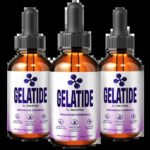 Gelatide dietary supplement bottle with dropper displayed beside product information.