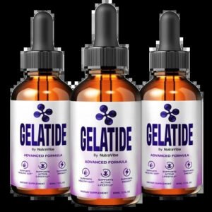 Gelatide dietary supplement bottle with dropper displayed beside product information.