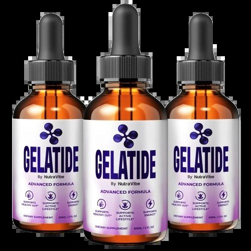 Gelatide dietary supplement bottle with dropper displayed beside product information.