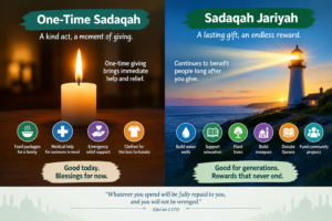 Sadaqah Jariyah examples showing one-time charity and lasting acts of giving