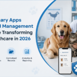 Veterinary apps and hospital management systems transforming animal healthcare in 2026, featuring a veterinarian, pets, and digital clinic management software.